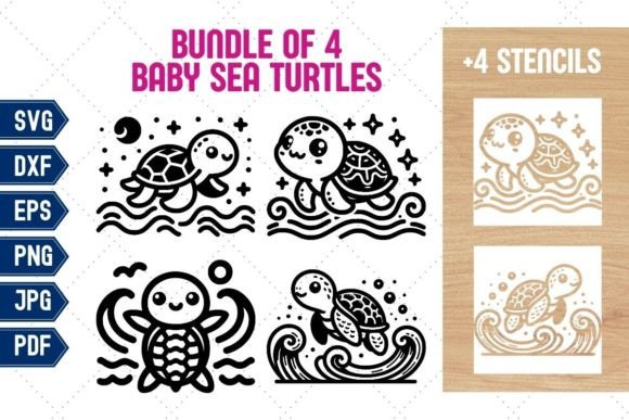 Download 4 Bundle Cute Baby Sea Turtle + Stencils - Baby Collection