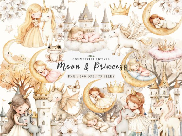 Download Watercolor Baby Dreamy Princess Moon Png - Baby Collection