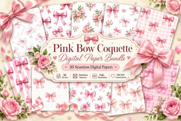 Download Pink Bow Coquette Digital Paper Bundle - Pink Collection