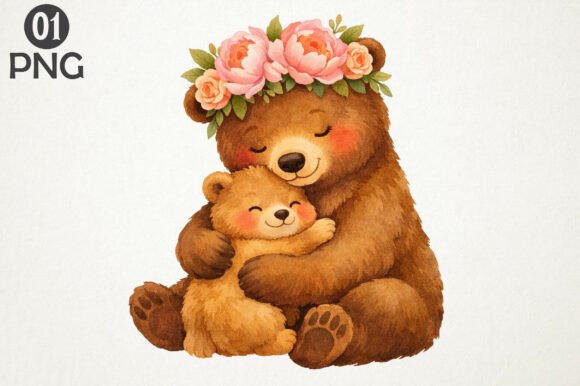 Download Cute Bear Mom Baby Floral Clipart PNG - Baby Collection