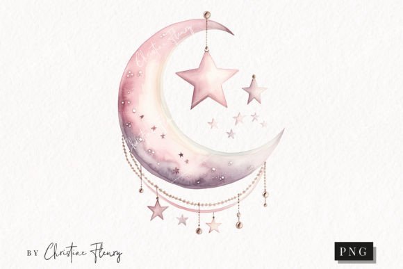 Download Watercolor Pink Moon and Stars Clipart - Pink Collection