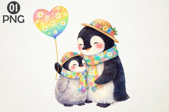 Download Cute Penguin Mom Baby Floral Clipart PNG - Baby Collection
